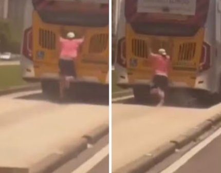 Vídeo: homem tenta ‘carona’ em BRT e cai do ônibus em movimento e se dá muito mal